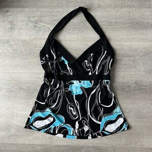 Black Halter Top with Blue & White Abstract Print Y2K Vintage babydoll